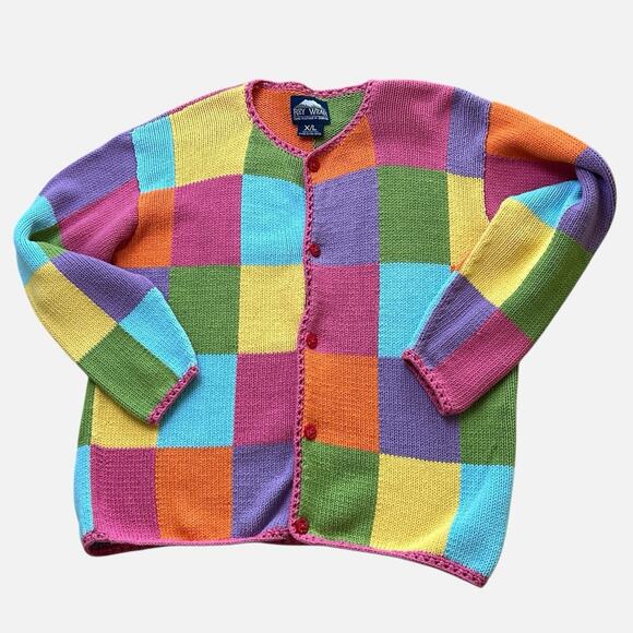 Rey Wear Colorblock Cardigan Sweater Womens XL Hand Knit Bolivia Cotton Buttons - Picture 5 of 11